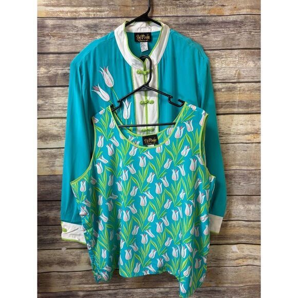 Bob Mackie Wear Art Silk Blouse and Tank Top Set 2X Mandarin Collar Tulip Print - Picture 1 of 10